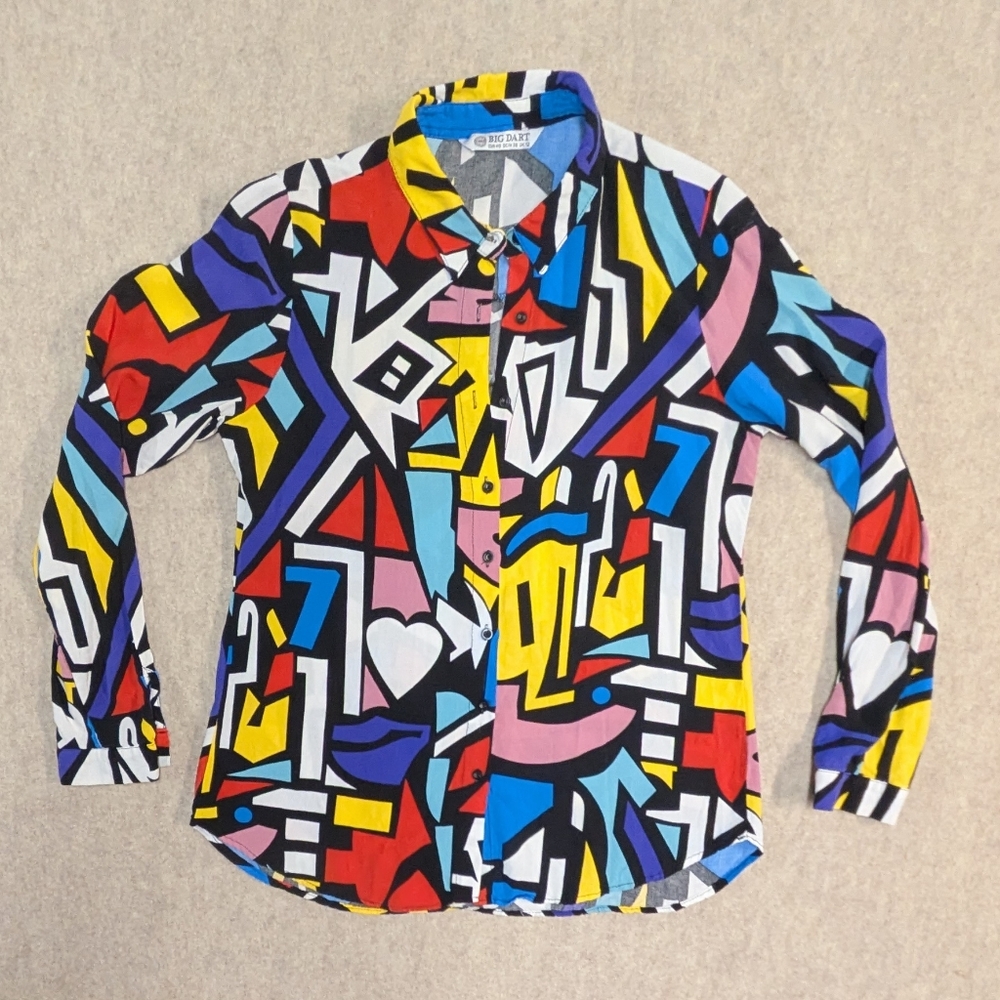 Bold Pop Art Graphic Womens Button Up Shirt. Vintage Size 12 Sm/Med